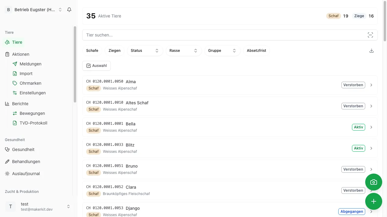 Herdy Tierliste mit Ohrmarken, Rassen und Filterfunktionen