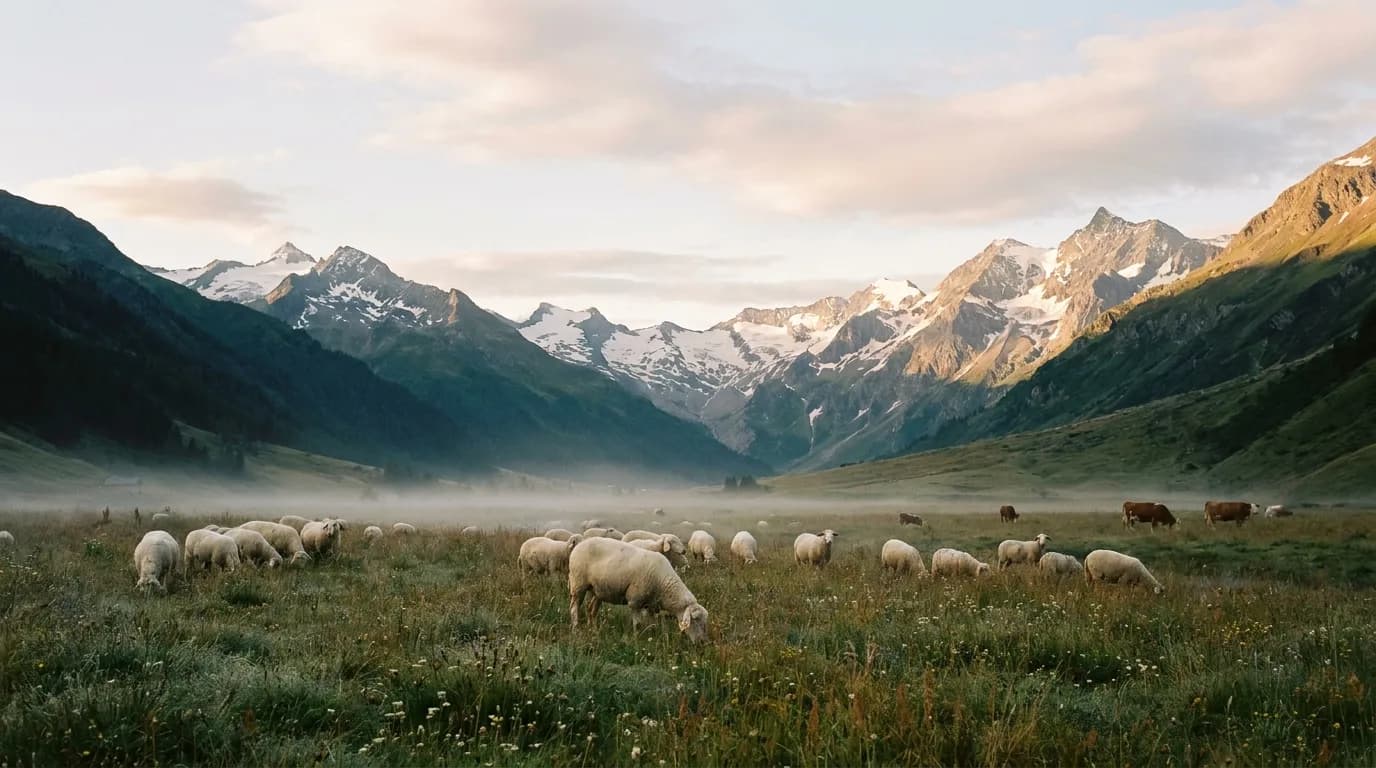 Schafherde auf einer Alpweide im Morgenlicht