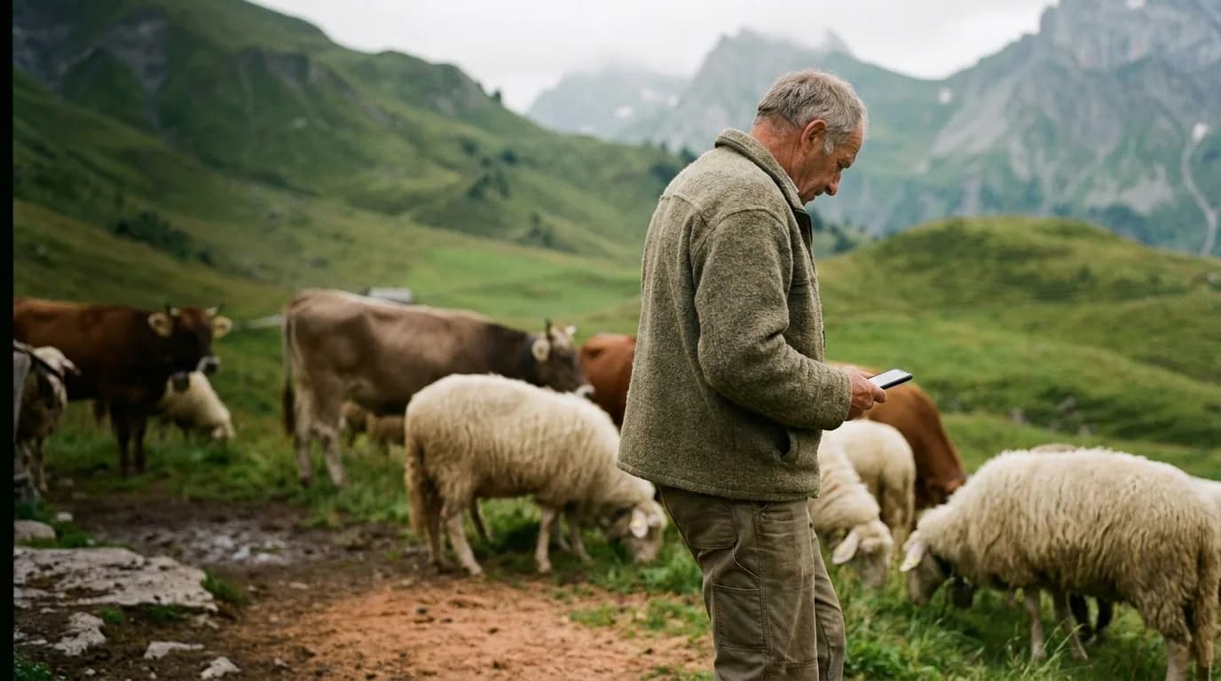 Tierhalter prüft seine Herde mit Herdy auf dem Smartphone auf der Weide